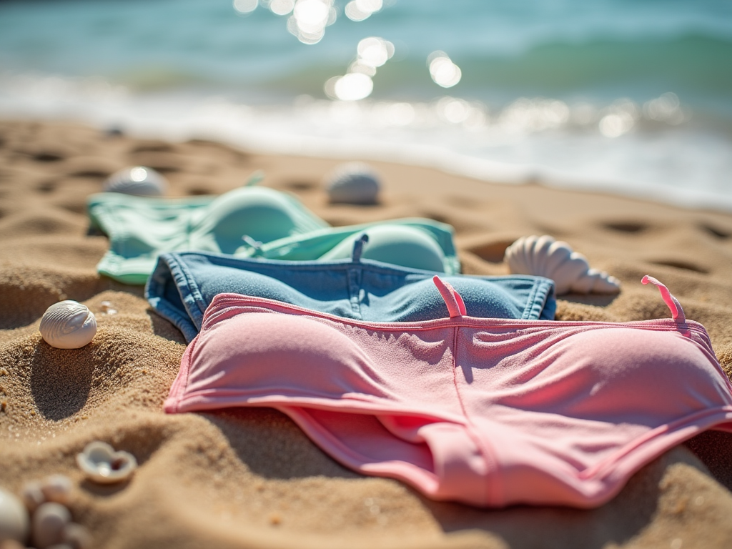 Two swimsuits and shells on a sandy beach with the sea in the background.