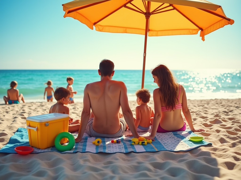 Family enjoying a sunny beach day under an orange umbrella with toys around.