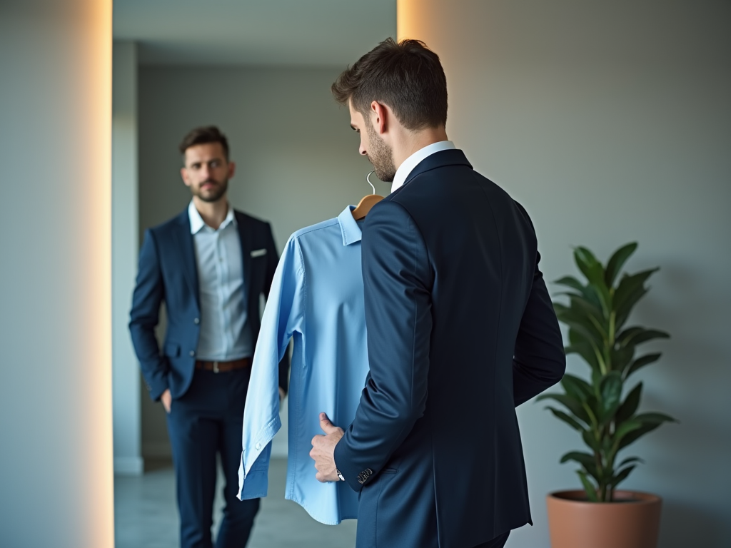 Man in a suit holding a shirt, with another suited man observing from the background.