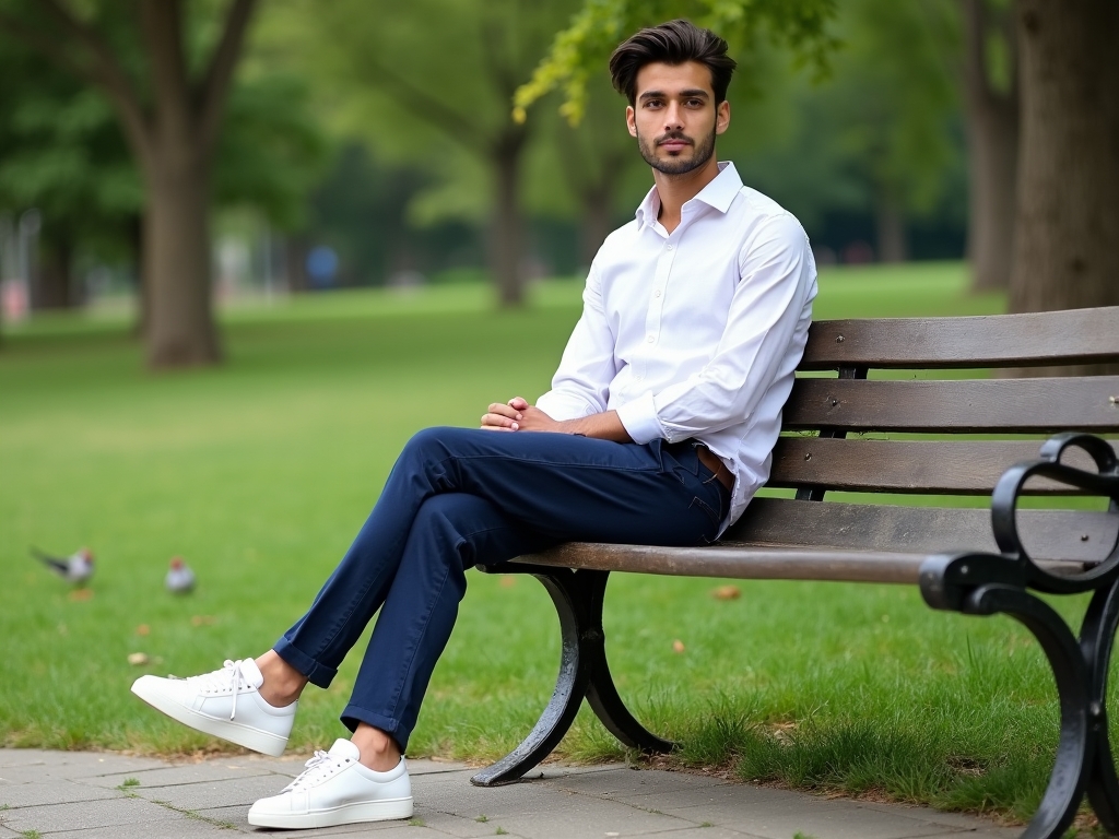 Man sitting on park bench, dressed in business casual attire, looking pensive.