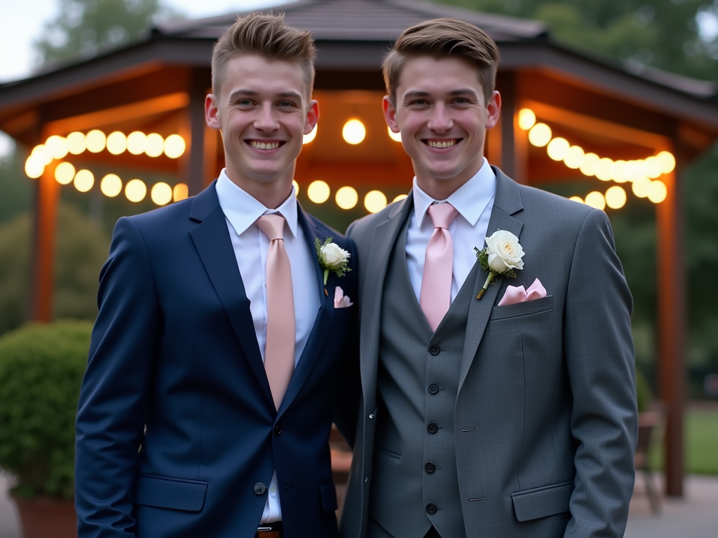 Two smiling young men in suits with boutonnieres, standing before a gazebo with lights.