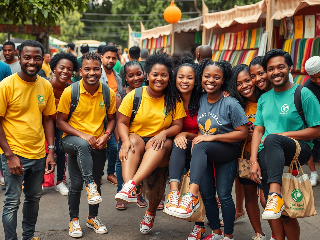 A group of young people in colorful shirts smiles together in a vibrant outdoor market setting.