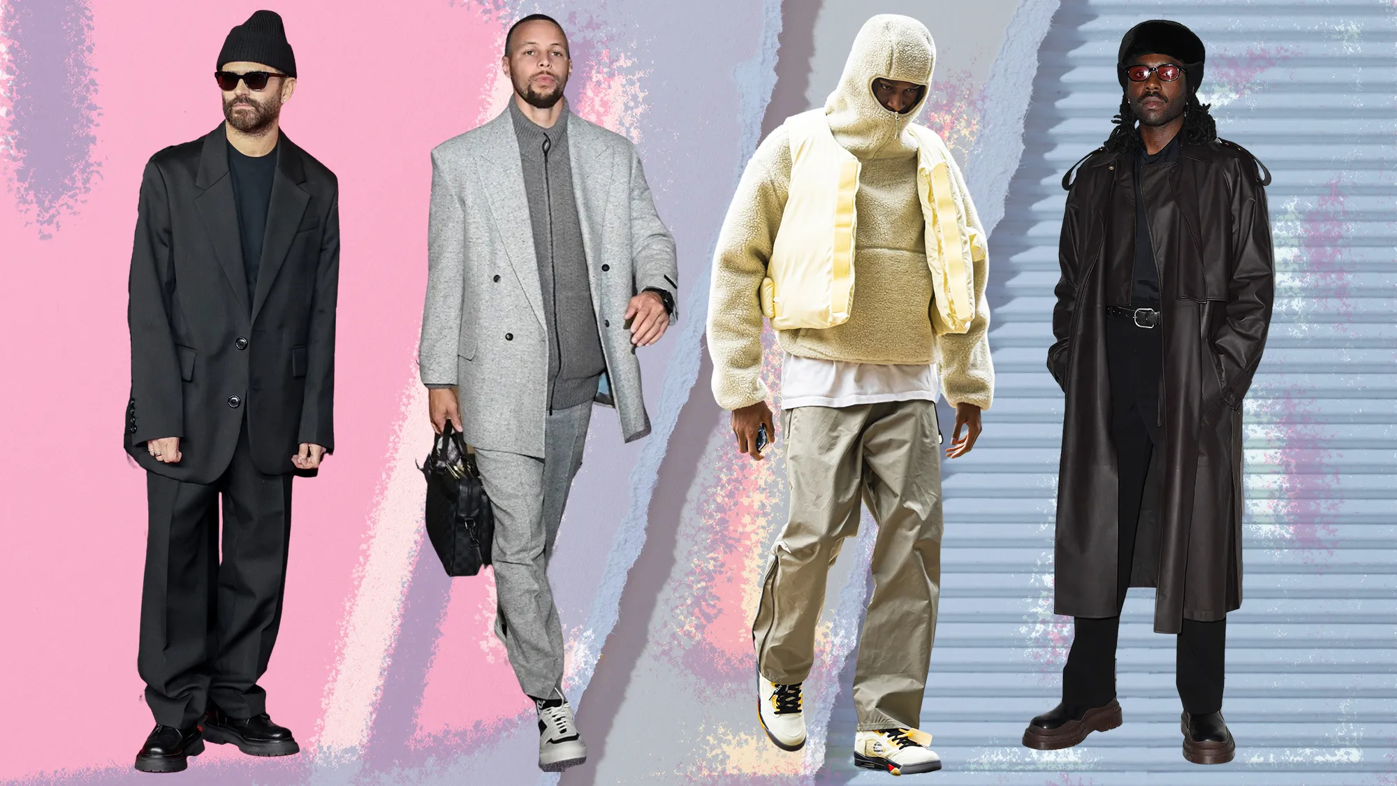 Four men showcase stylish monochromatic outfits in diverse shades and styles against a colorful background.