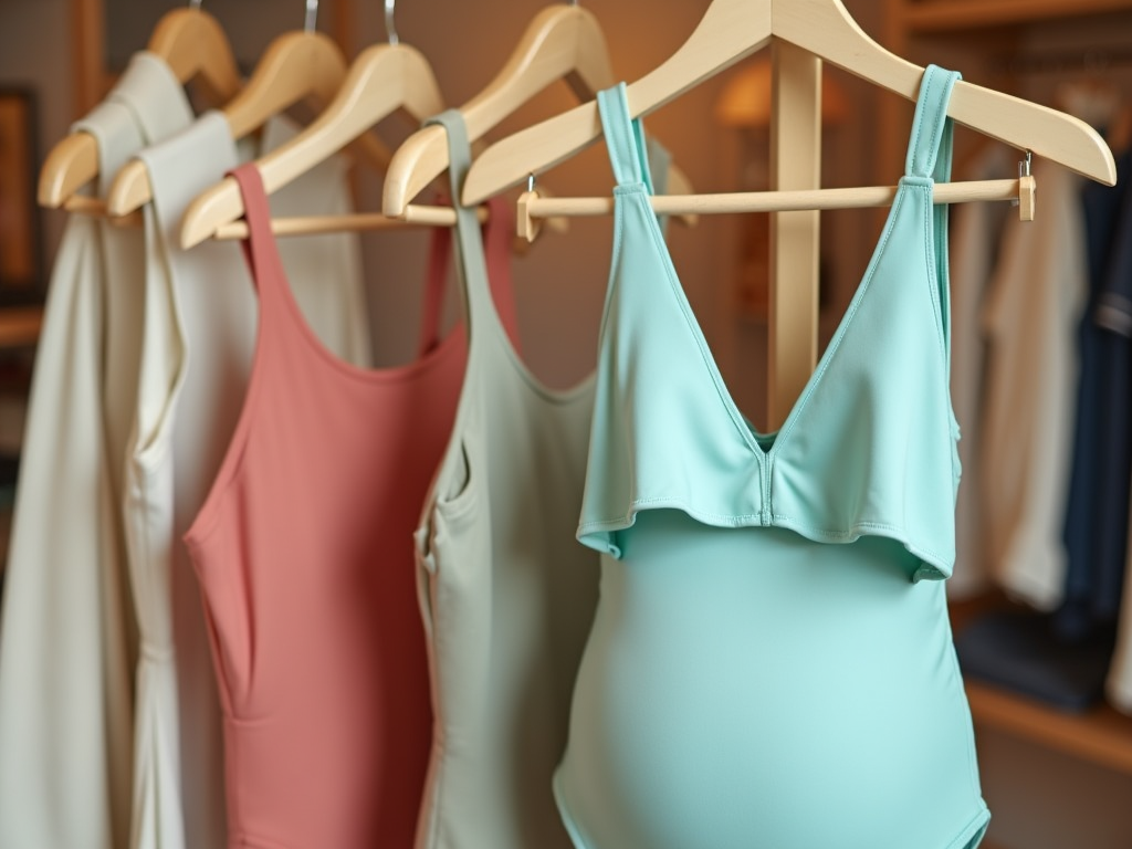 Women's tops in various pastel shades hanging on a clothes rack in a store.