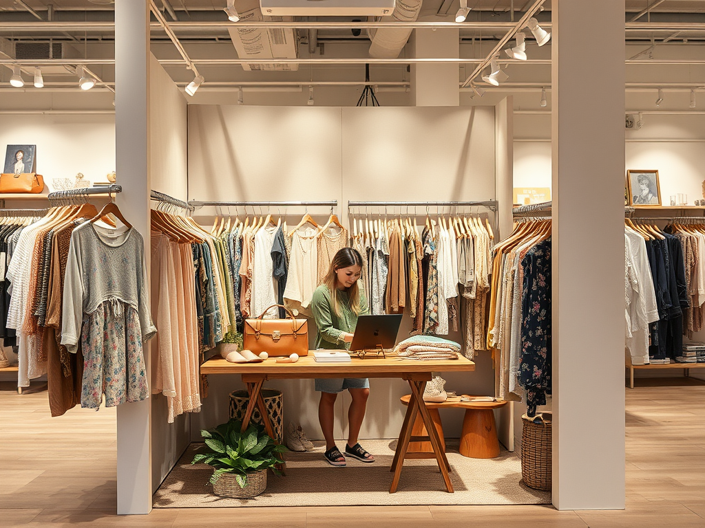 A woman works at a desk surrounded by neatly arranged clothing in a stylish boutique.
