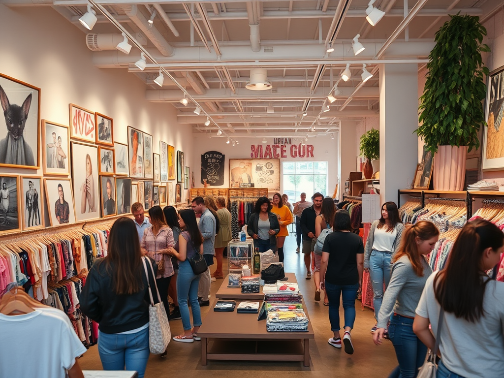 A vibrant retail store interior filled with people browsing clothing racks and admiring wall art.