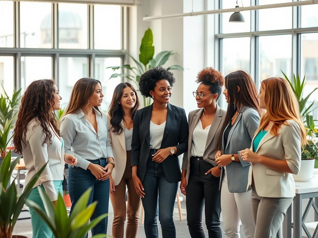 A group of eight women in professional attire smile and engage in a lively conversation in a bright office space.