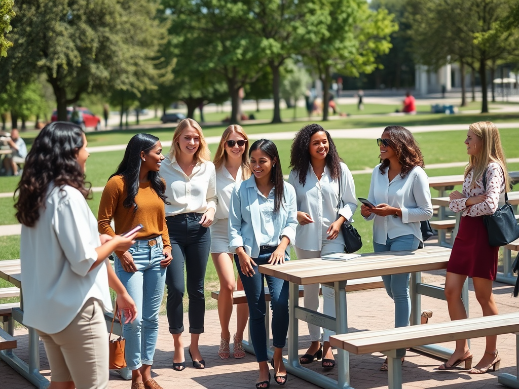 A group of smiling women are chatting outdoors, enjoying a sunny day in a park with benches around them.