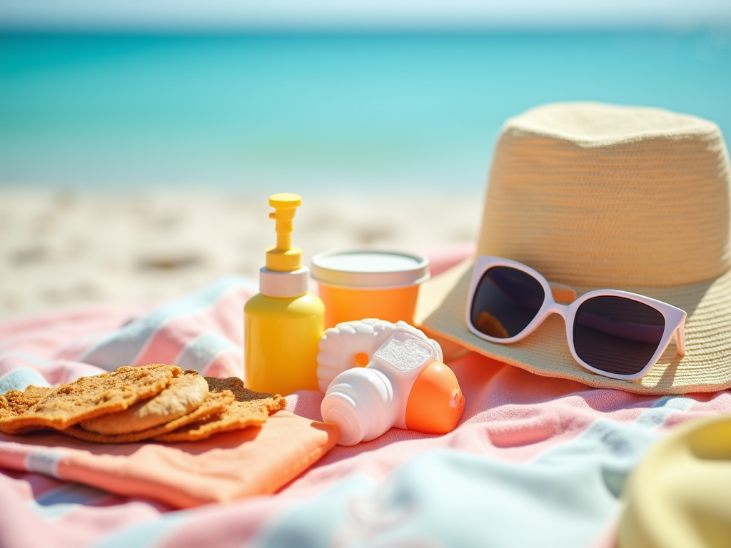 Sunscreen, sunglasses, and a hat on a towel at the beach, representing summer essentials.