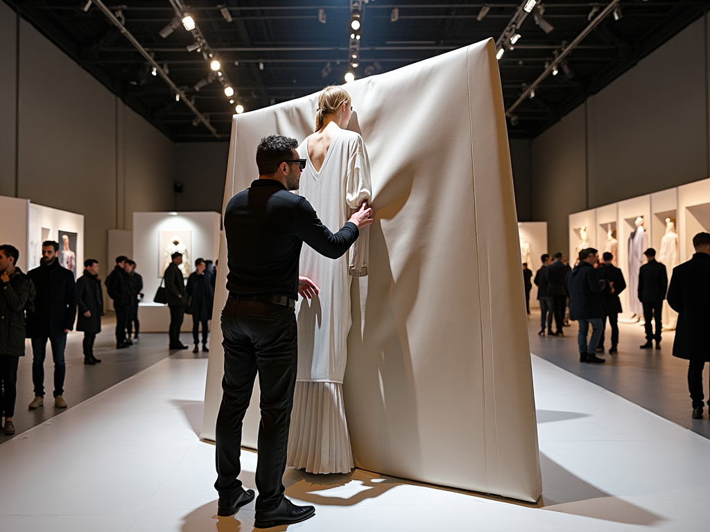 Man adjusts a large draped fabric around a woman on display at an art gallery exhibit.