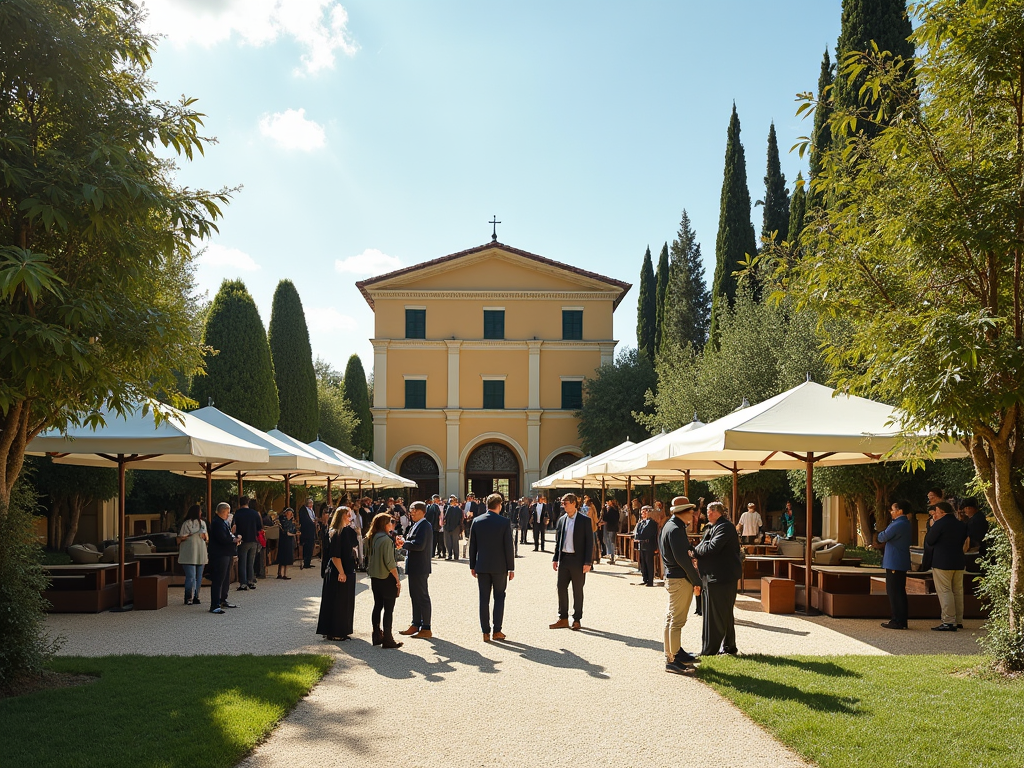 Outdoor event at a yellow Italian villa with guests mingling under white umbrellas.