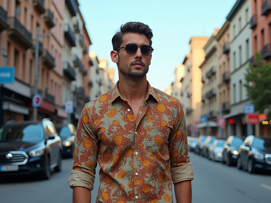 Stylish man in sunglasses and floral shirt walking on a city street.