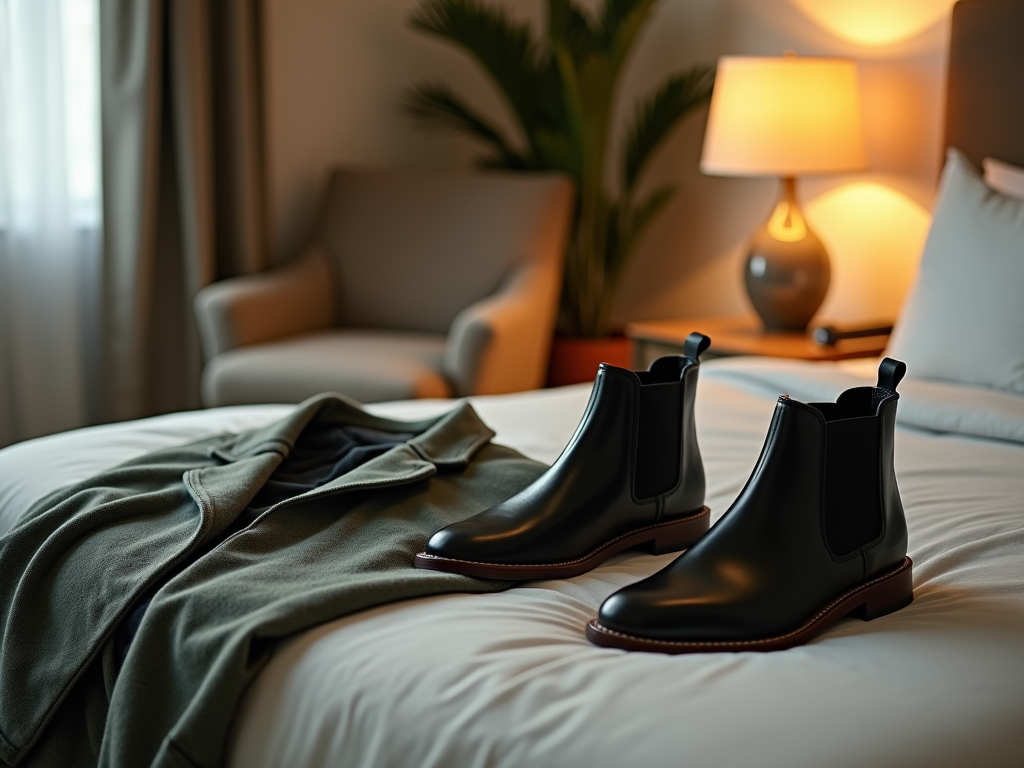 Black boots and a green jacket on a bed in a cozy, well-lit hotel room.