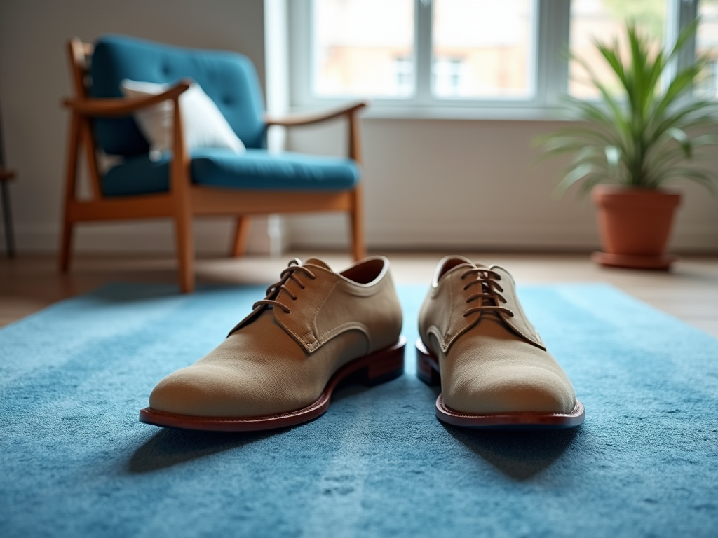 A pair of tan dress shoes on a blue rug, with a blue armchair and indoor plants in the background.