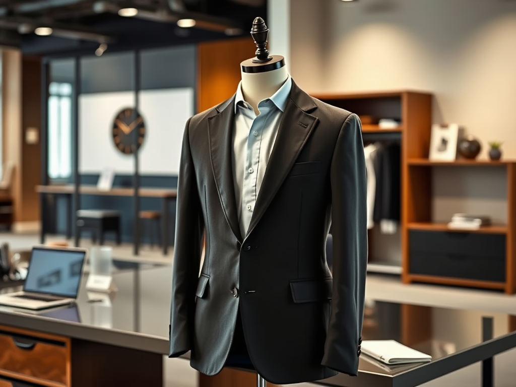 A black suit displayed on a mannequin in a modern showroom with stylish furnishings and decor.