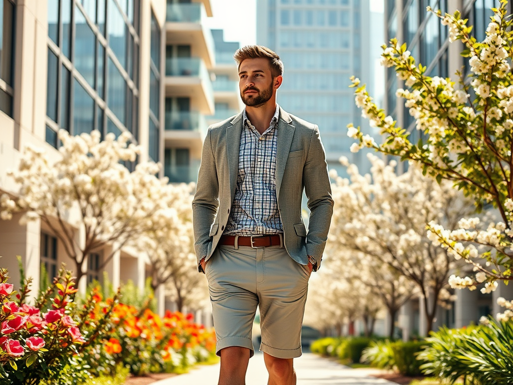 A young man walking in a stylish outfit among flowering trees and colorful flowers in a modern urban setting.