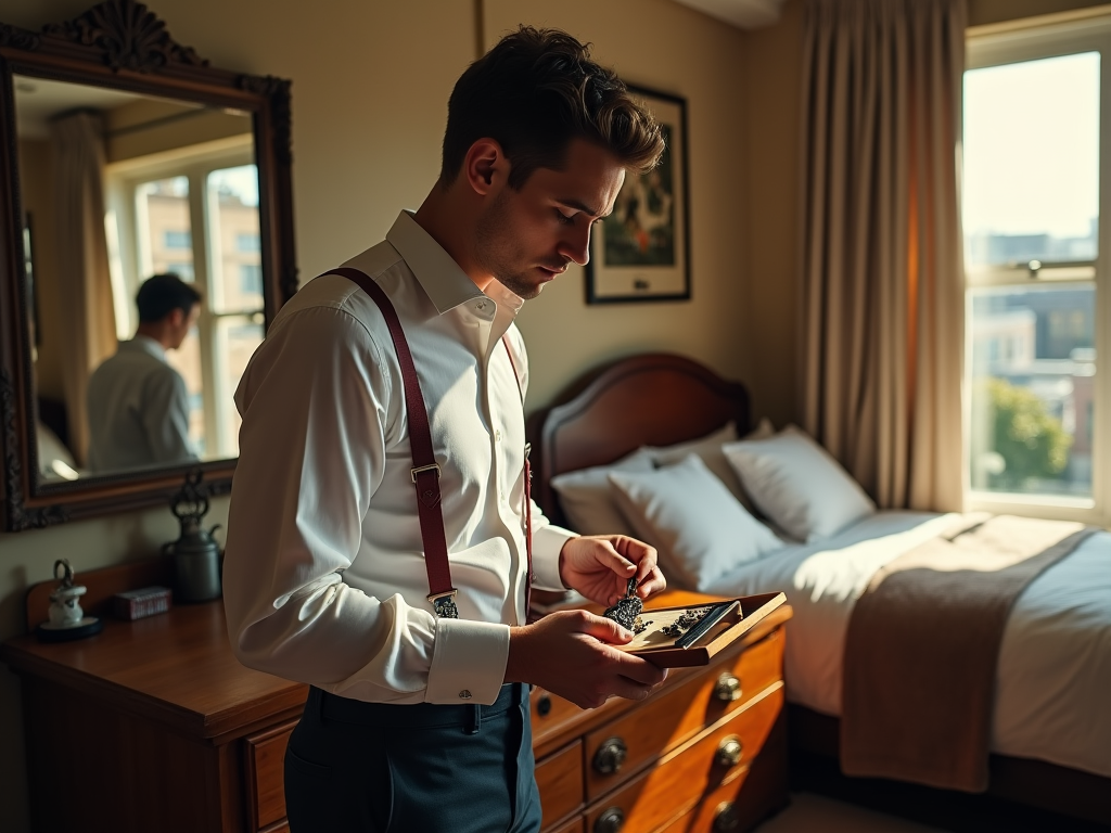 Man in a white shirt and suspenders writing in a notebook in a sunlit hotel room.